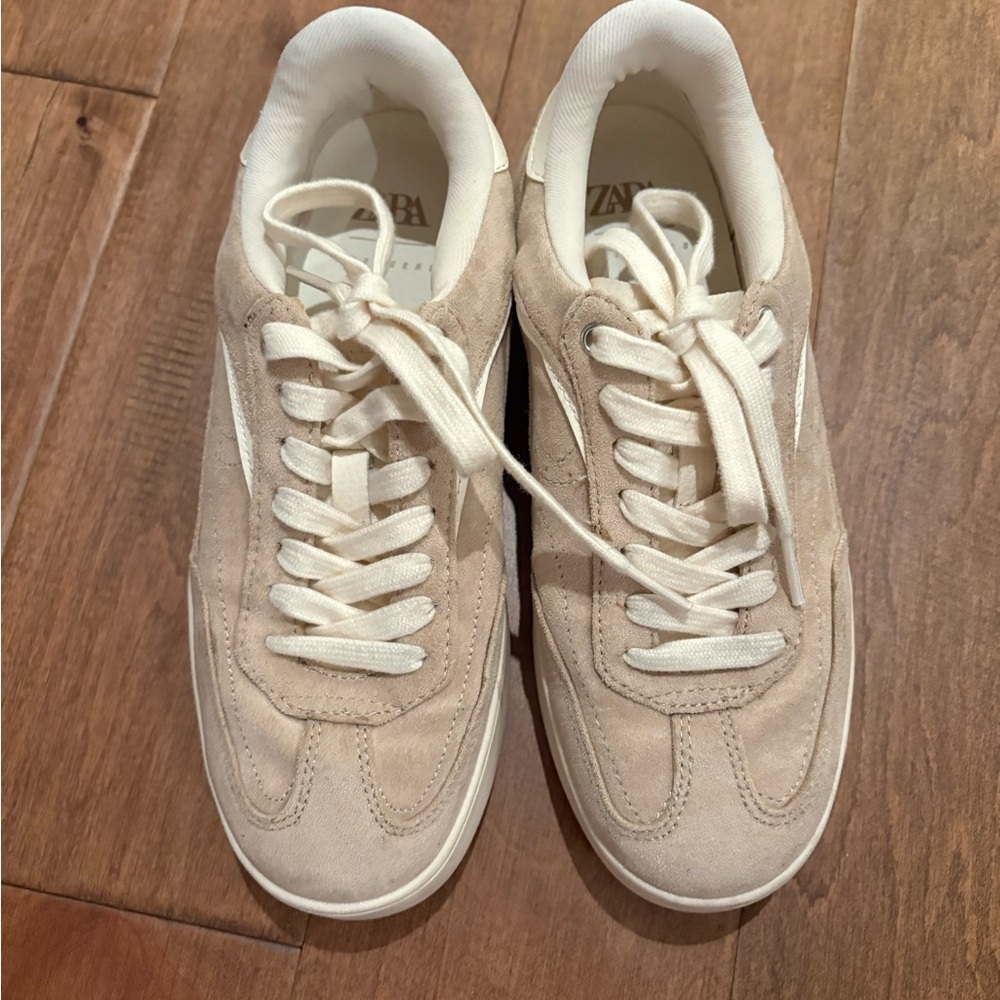 Zara Beige Suede Women's Sneakers with White Accents